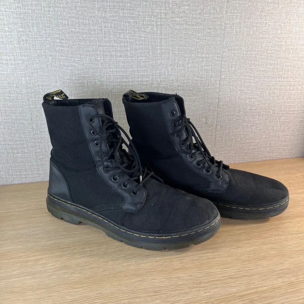 Dr. Martens Combs Black Canvas Leather Utility Combat Boots 8 Eye Lace Up US 11